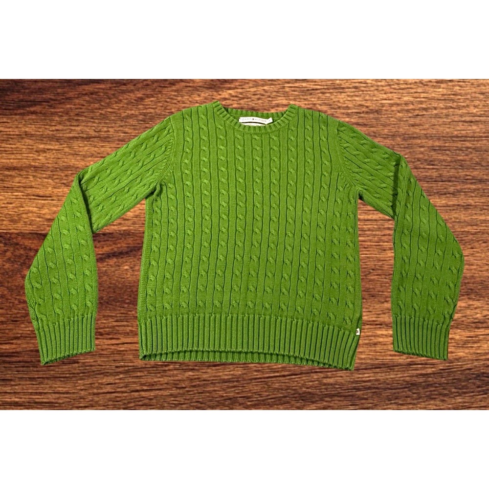 Tommy Hilfiger Women's Large Green Cable Knit Crewneck Sweater 100% Cotton